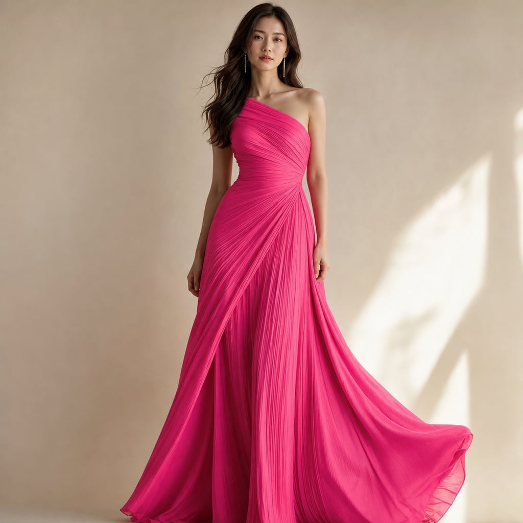 One Shoulder Pleated Maxi Dress Wedding Guest Pink – Full Look