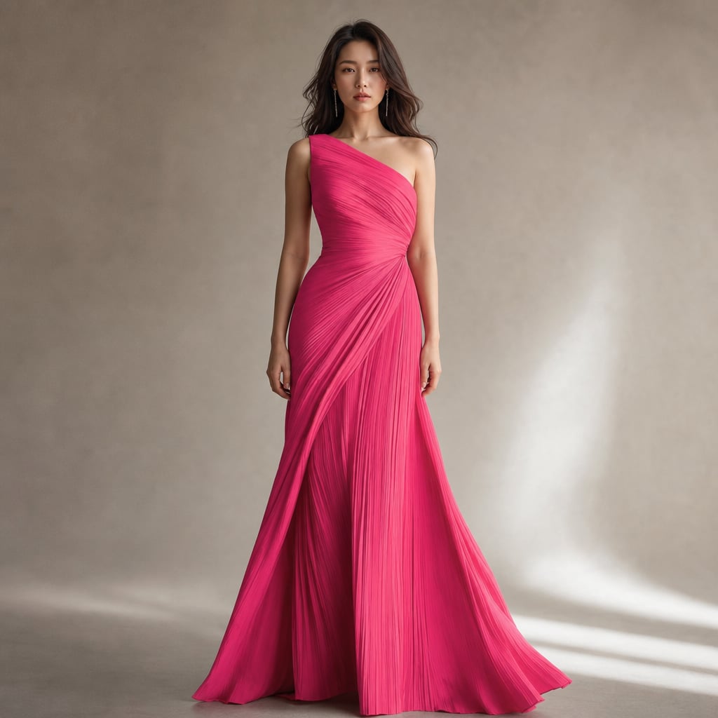One Shoulder Pleated Maxi Dress Wedding Guest Pink – Product Photo