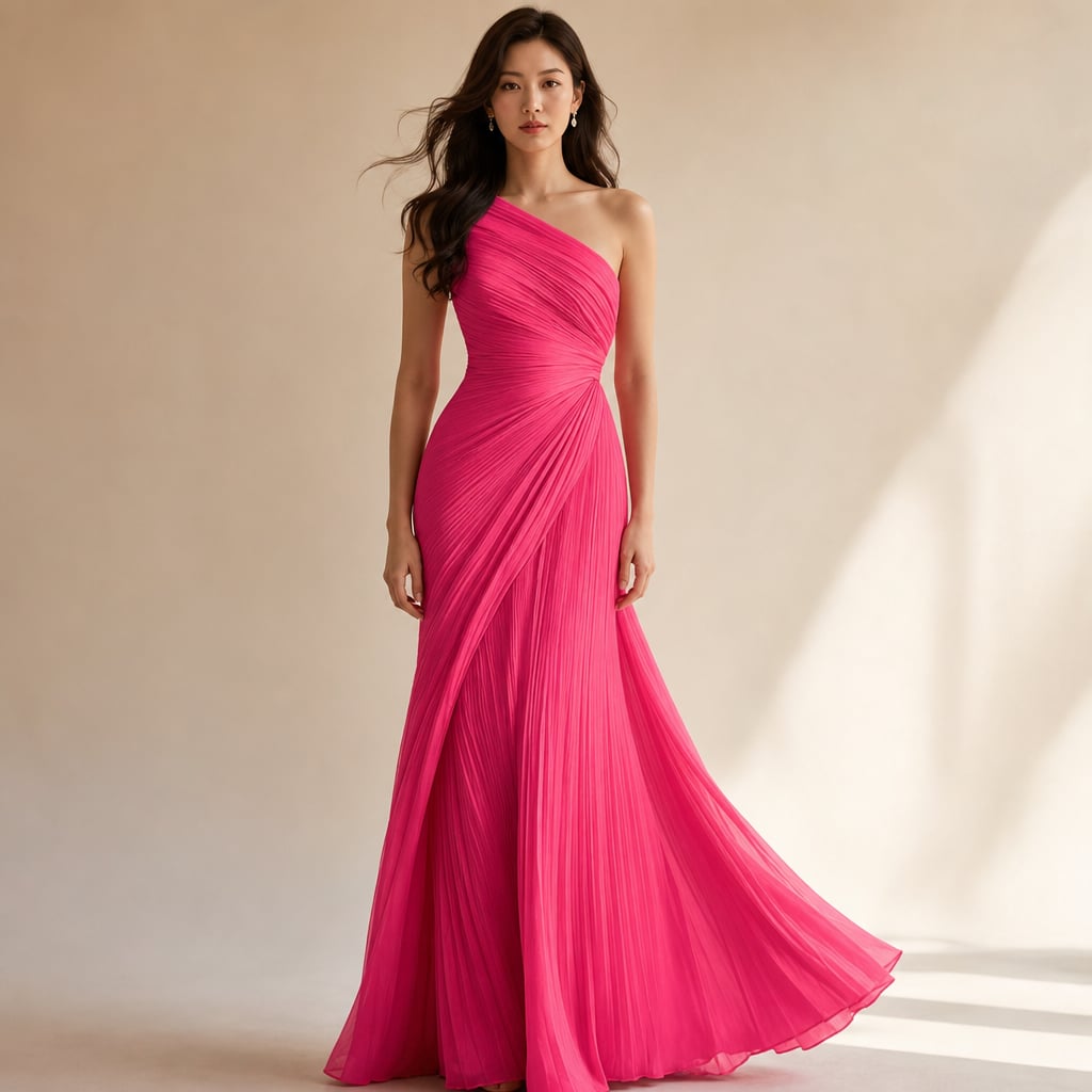 One Shoulder Pleated Maxi Dress Wedding Guest in Pink – Mampierimoda Premium Womenswear
