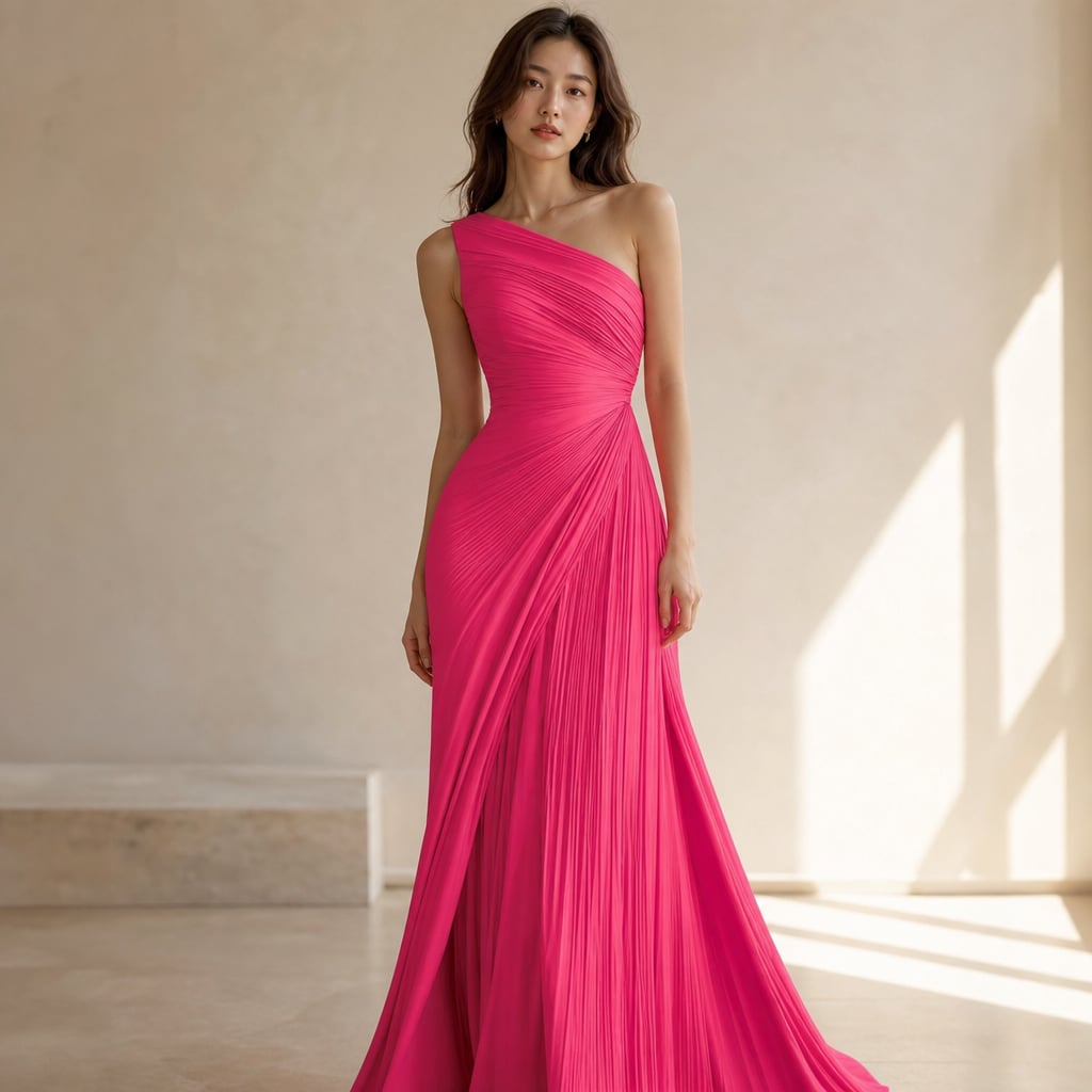 One Shoulder Pleated Maxi Dress Wedding Guest Pink – Styled Editorial Shot