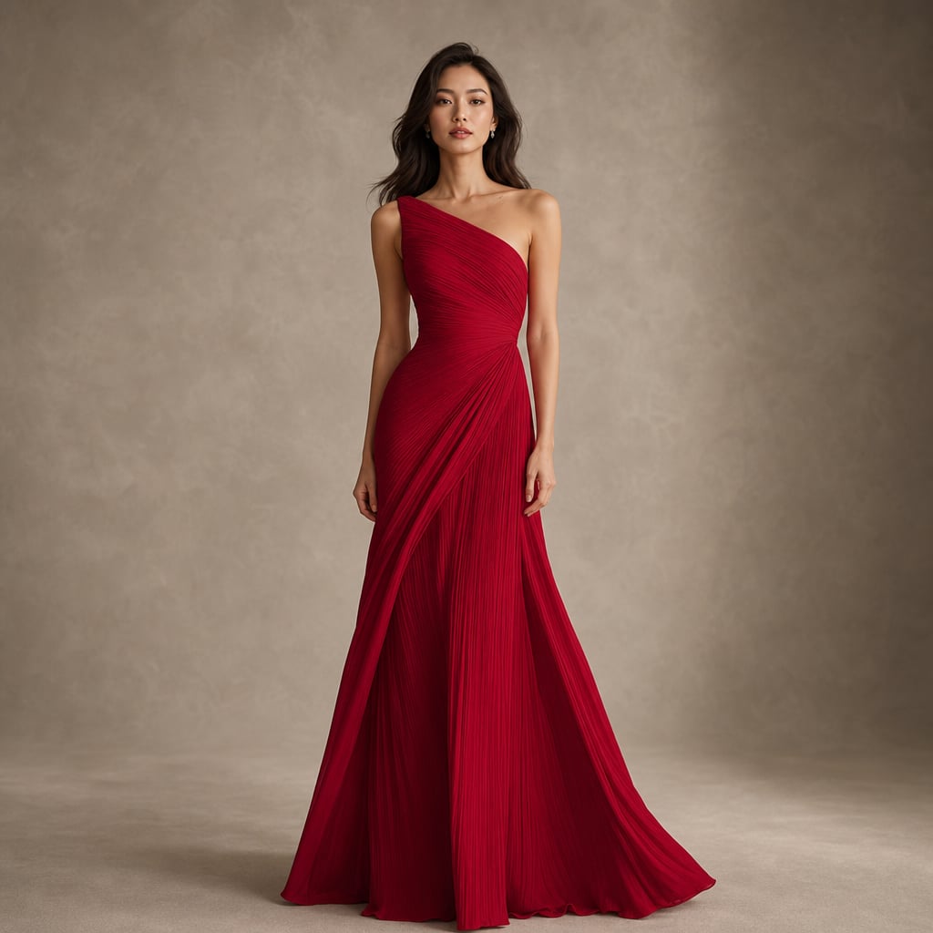 One Shoulder Pleated Maxi Dress Wedding Guest Red – Product Photo