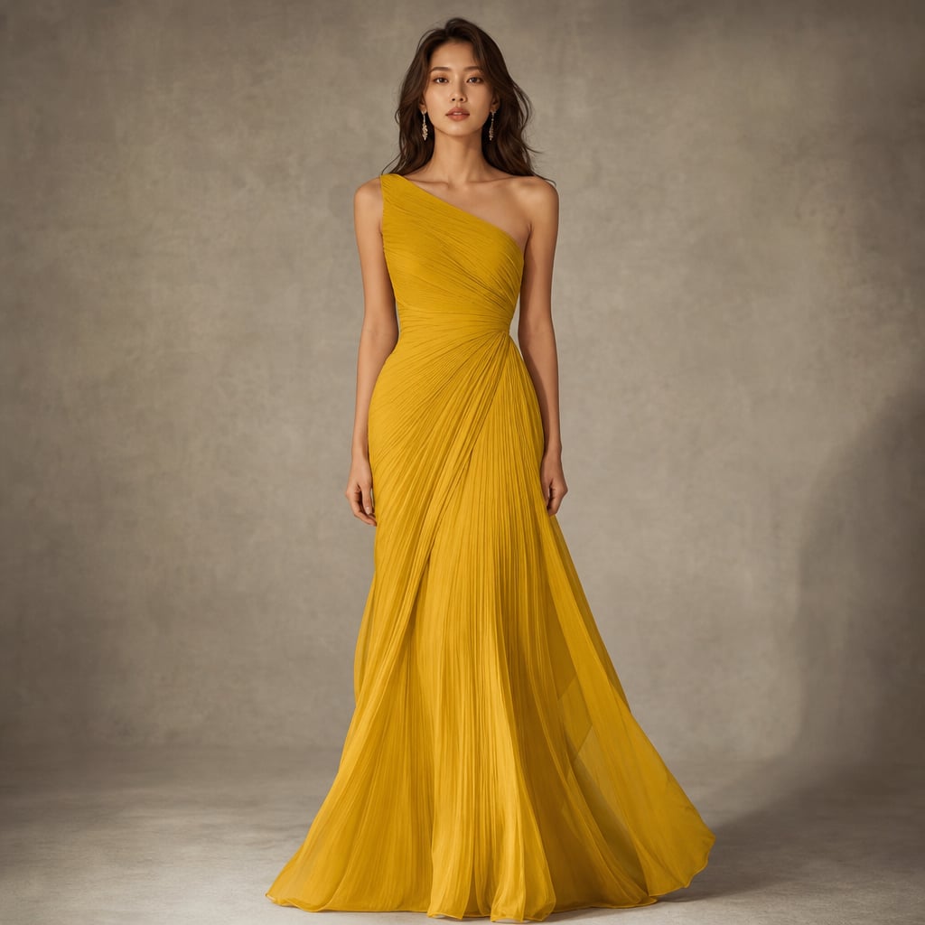 One Shoulder Pleated Maxi Dress Wedding Guest Yellow – Product Photo