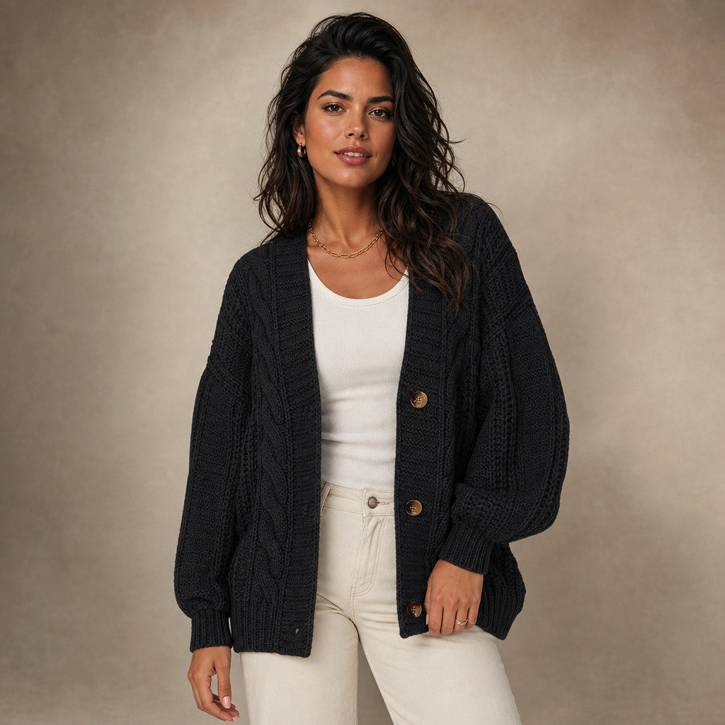 Oversized Cable Knit Cardigan in Black – Mampierimoda Premium Womenswear