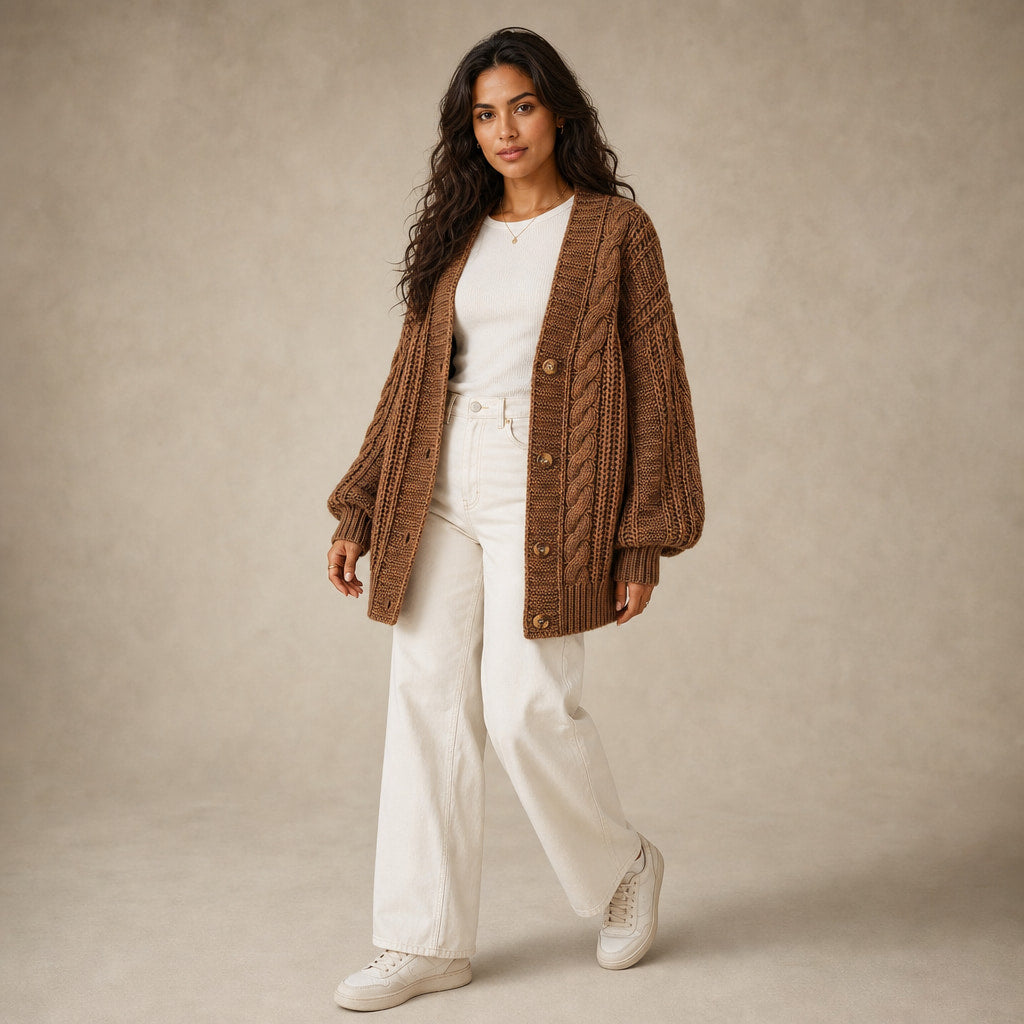 Oversized Cable Knit Cardigan Brown – Side Angle View
