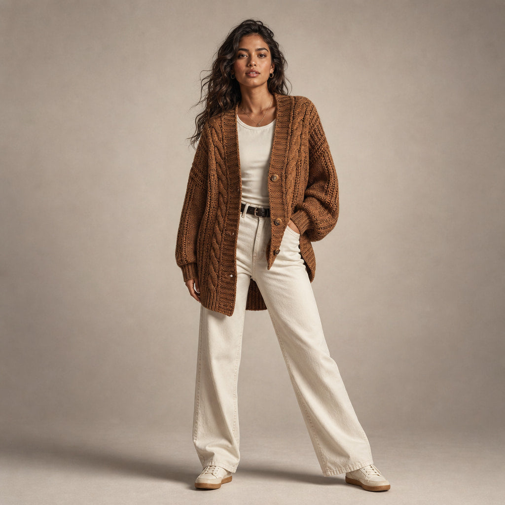 Oversized Cable Knit Cardigan Brown – Full Look