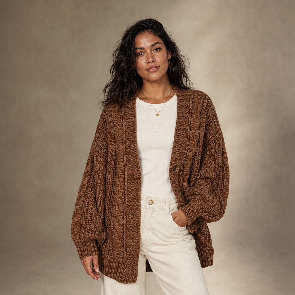 Oversized Cable Knit Cardigan in Brown – Mampierimoda Premium Womenswear