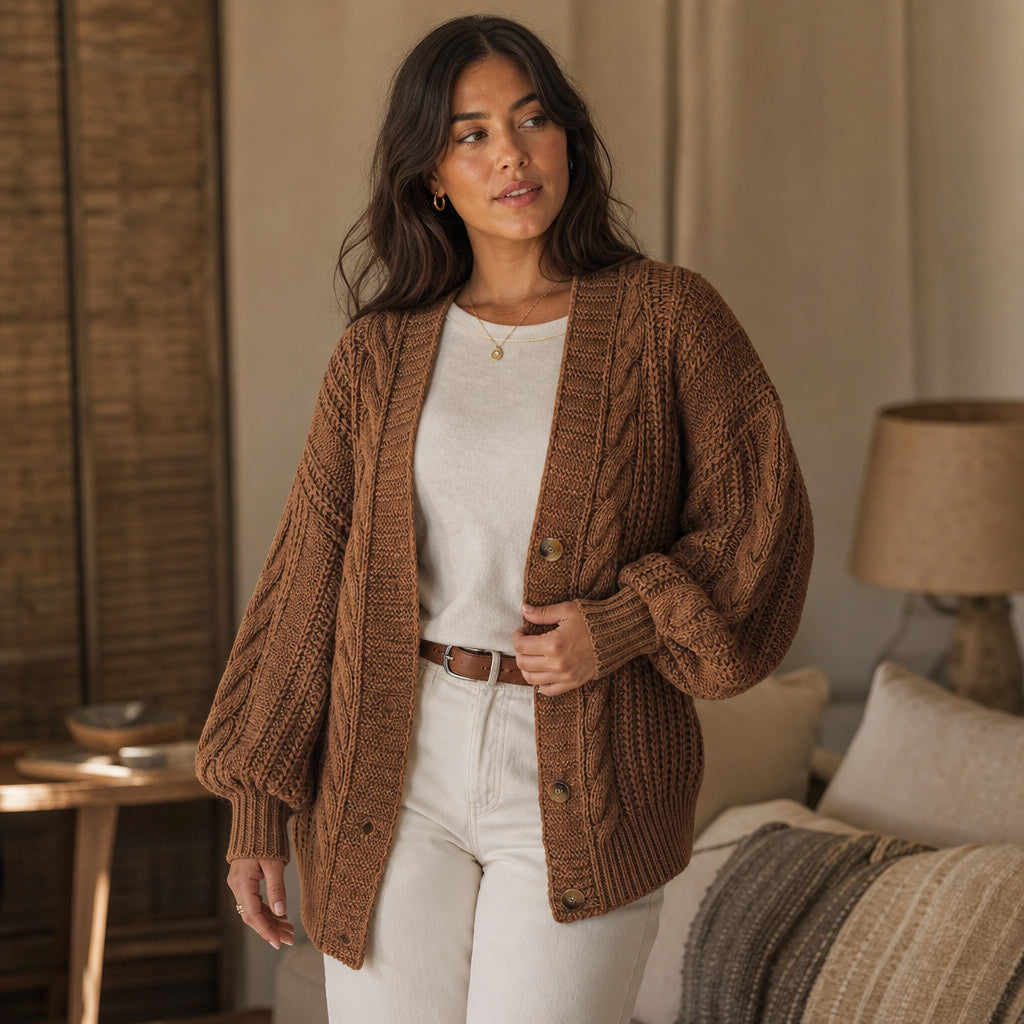 Oversized Cable Knit Cardigan Brown – Styled Editorial Shot