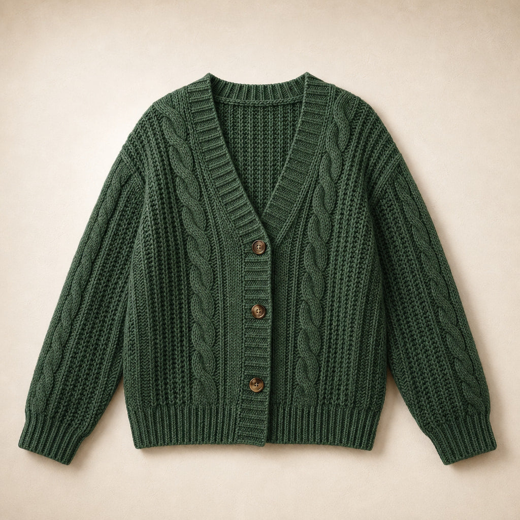Oversized Cable Knit Cardigan Dark Green – Product Photo