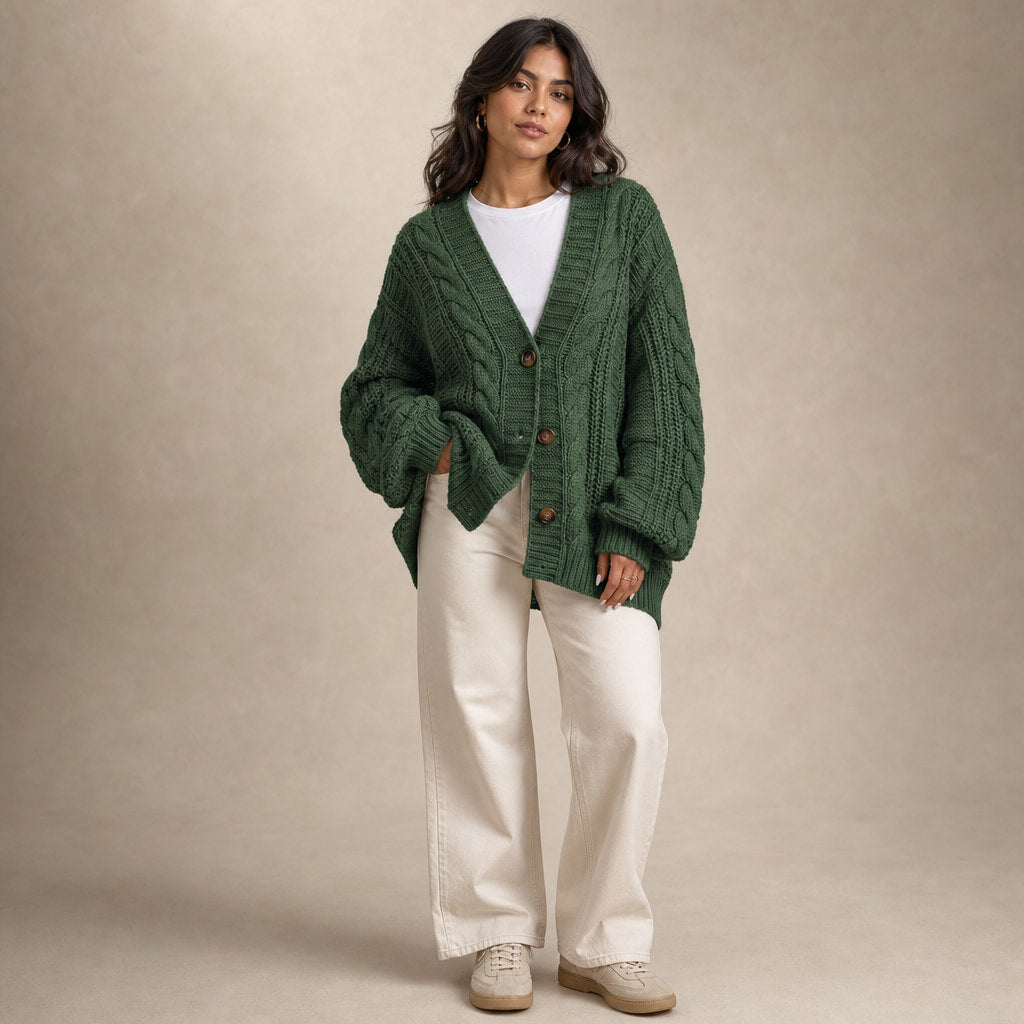 Oversized Cable Knit Cardigan in Dark Green – Mampierimoda Premium Womenswear