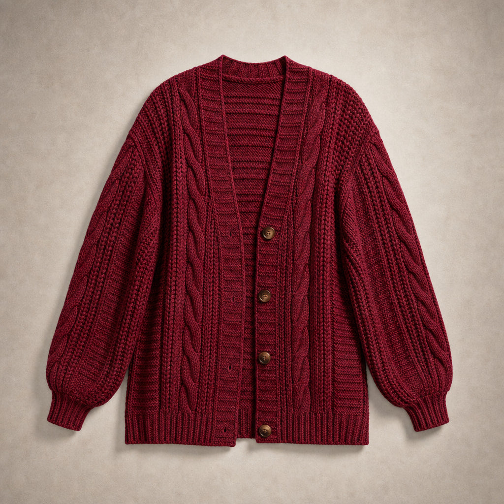Oversized Cable Knit Cardigan Dark Red – Product Photo