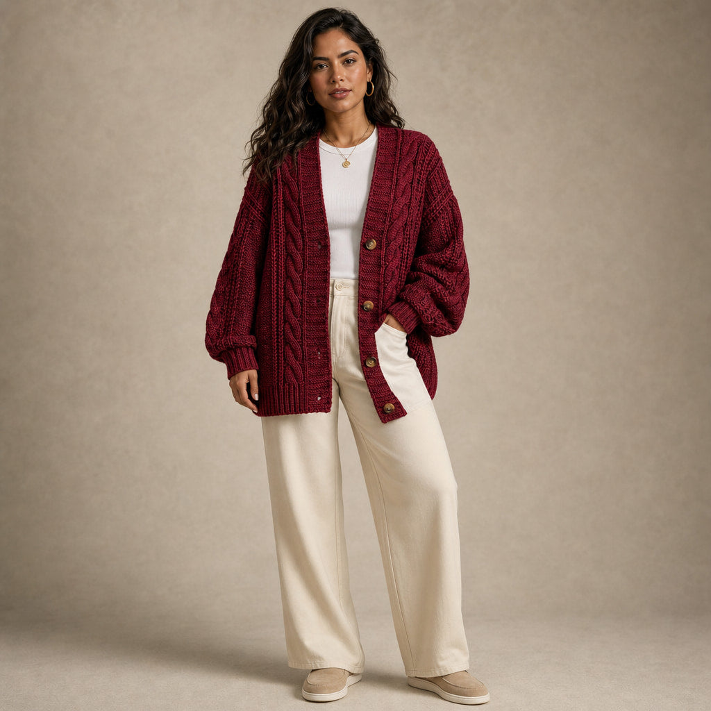 Oversized Cable Knit Cardigan in Dark Red – Mampierimoda Premium Womenswear