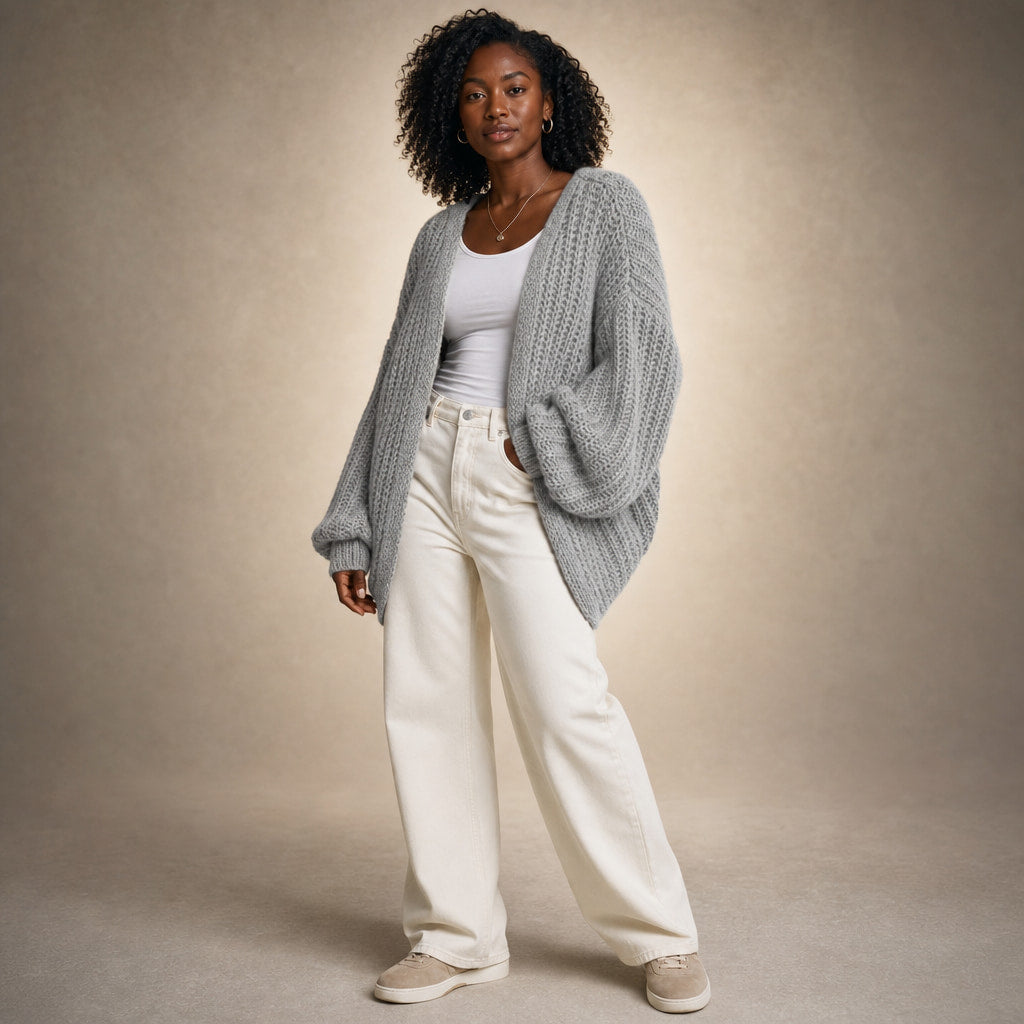 Oversized Sleeve Knit Cardigan Light Gray – Side Angle View