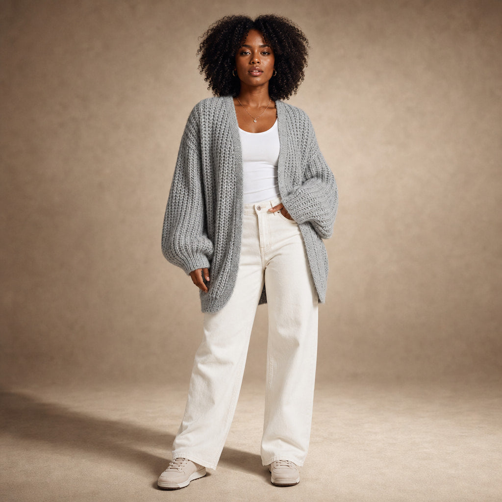 Oversized Sleeve Knit Cardigan Light Gray – Full Look