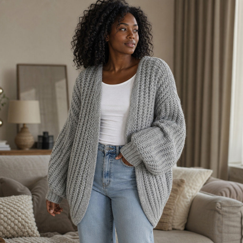 Oversized Sleeve Knit Cardigan Light Gray – Styled Editorial Shot