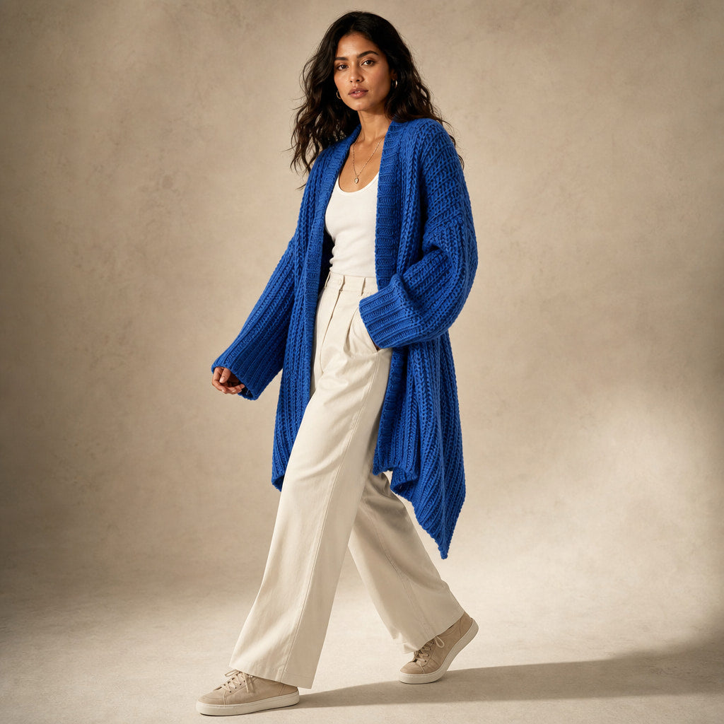 Oversized Split Knit Cardigan Blue – Side Angle View