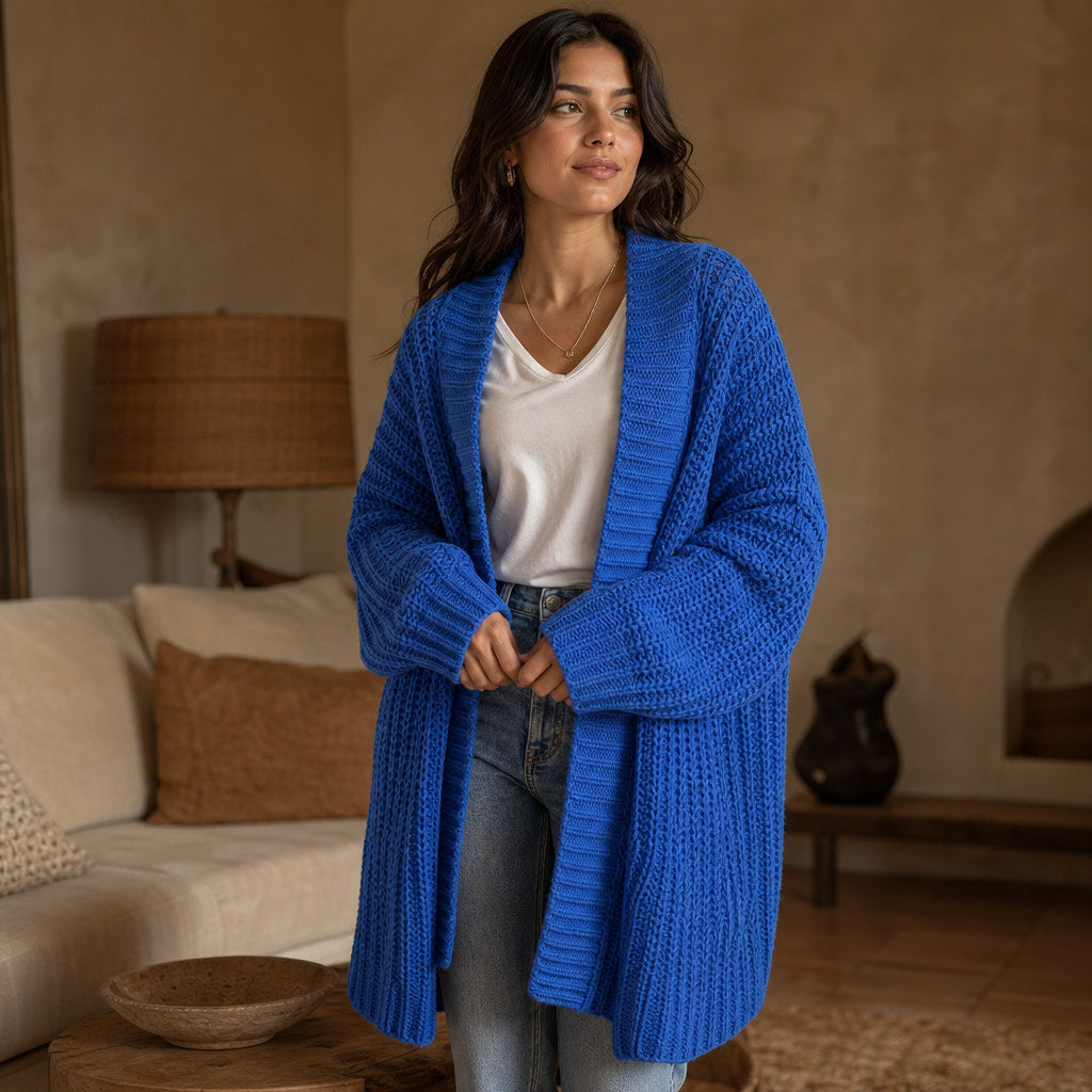 Oversized Split Knit Cardigan Blue – Styled Editorial Shot