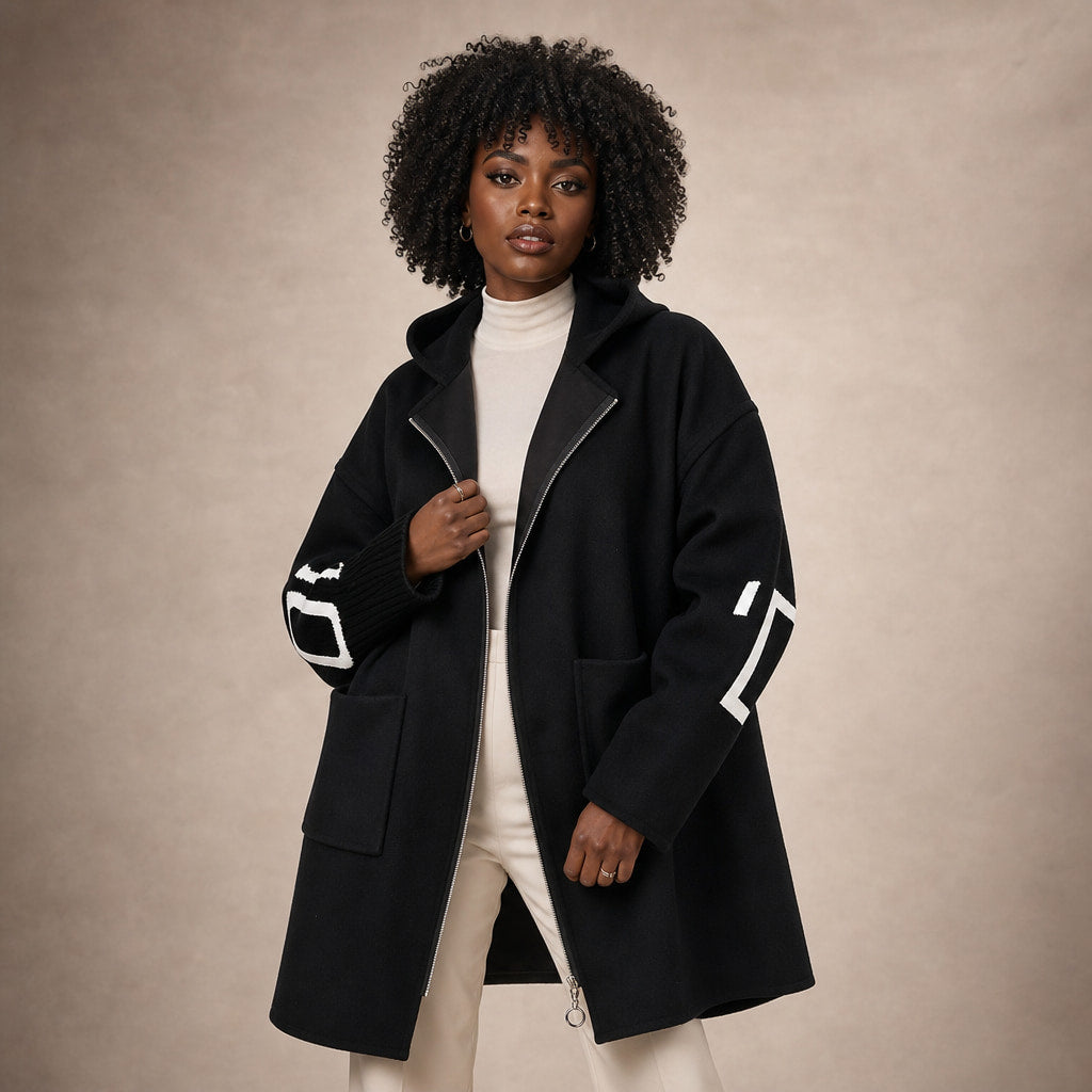 PEGGY - Women's Jacket with Knitted Sleeves and Hood Black – Product Photo