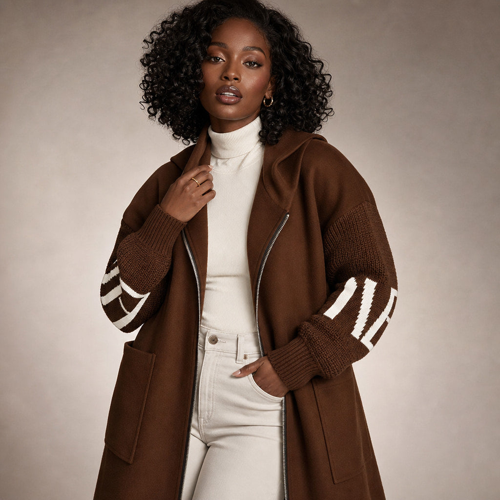 PEGGY - Women's Jacket with Knitted Sleeves and Hood Brown – Product Photo