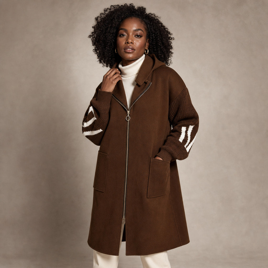 PEGGY - Women's Jacket with Knitted Sleeves and Hood in Brown – Mampierimoda Premium Womenswear