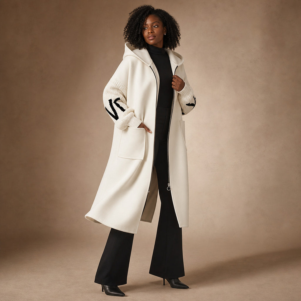 PEGGY - Women's Jacket with Knitted Sleeves and Hood White – Side Angle View