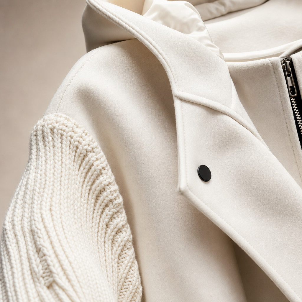 PEGGY - Women's Jacket with Knitted Sleeves and Hood White – Fabric and Detail Close-Up