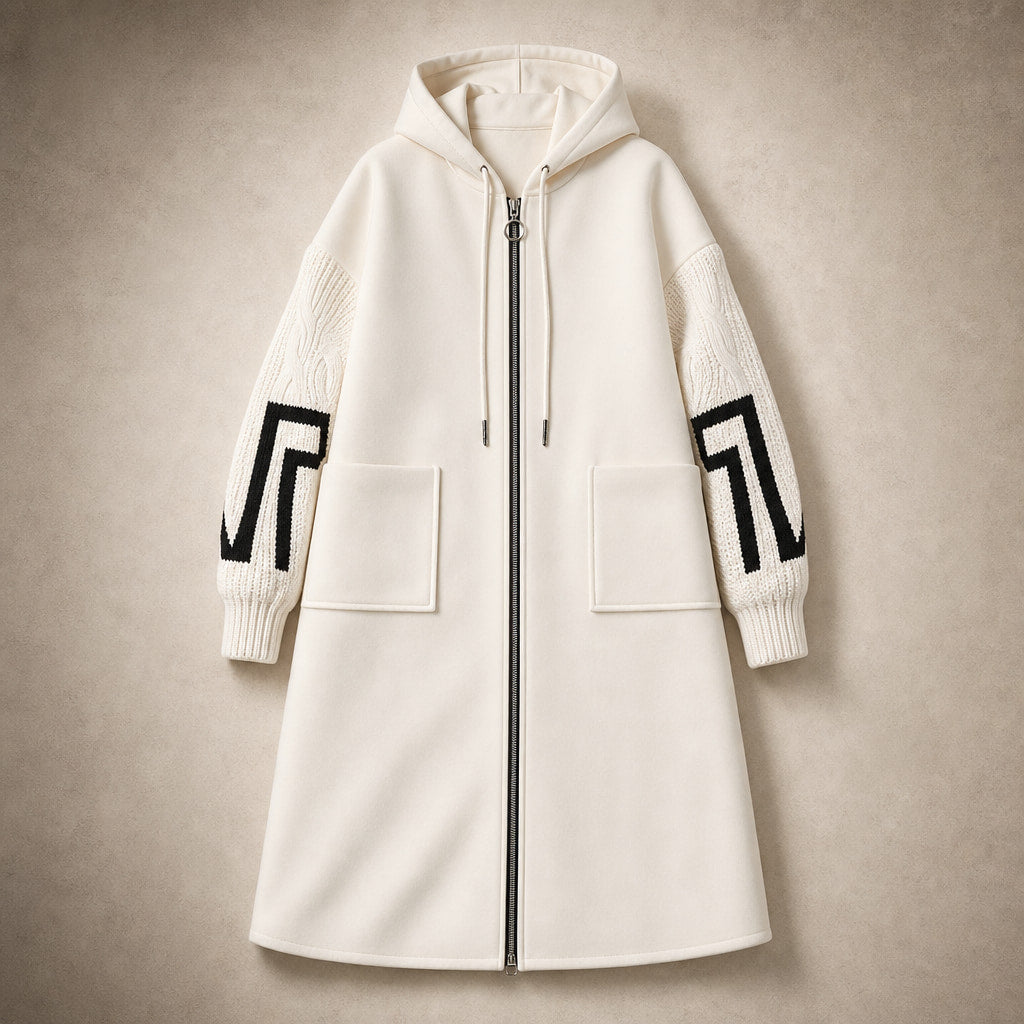 PEGGY - Women's Jacket with Knitted Sleeves and Hood White – Flat Lay Product Photo