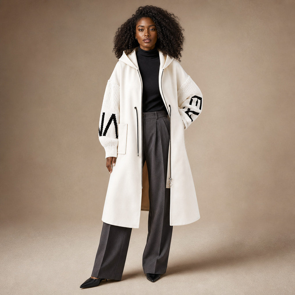 PEGGY - Women's Jacket with Knitted Sleeves and Hood White – Full Look