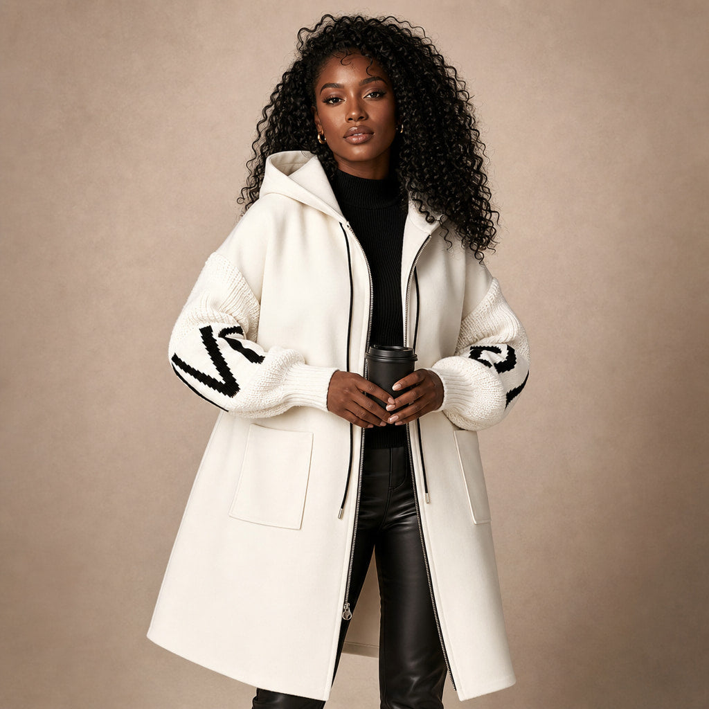 PEGGY - Women's Jacket with Knitted Sleeves and Hood White – Product Photo
