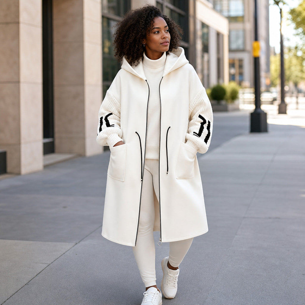 PEGGY - Women's Jacket with Knitted Sleeves and Hood White – Styled Editorial Shot