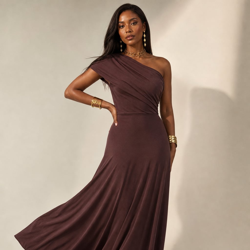 Pleated one-Shoulder summer Maxi dress for women Brown – Side Angle View