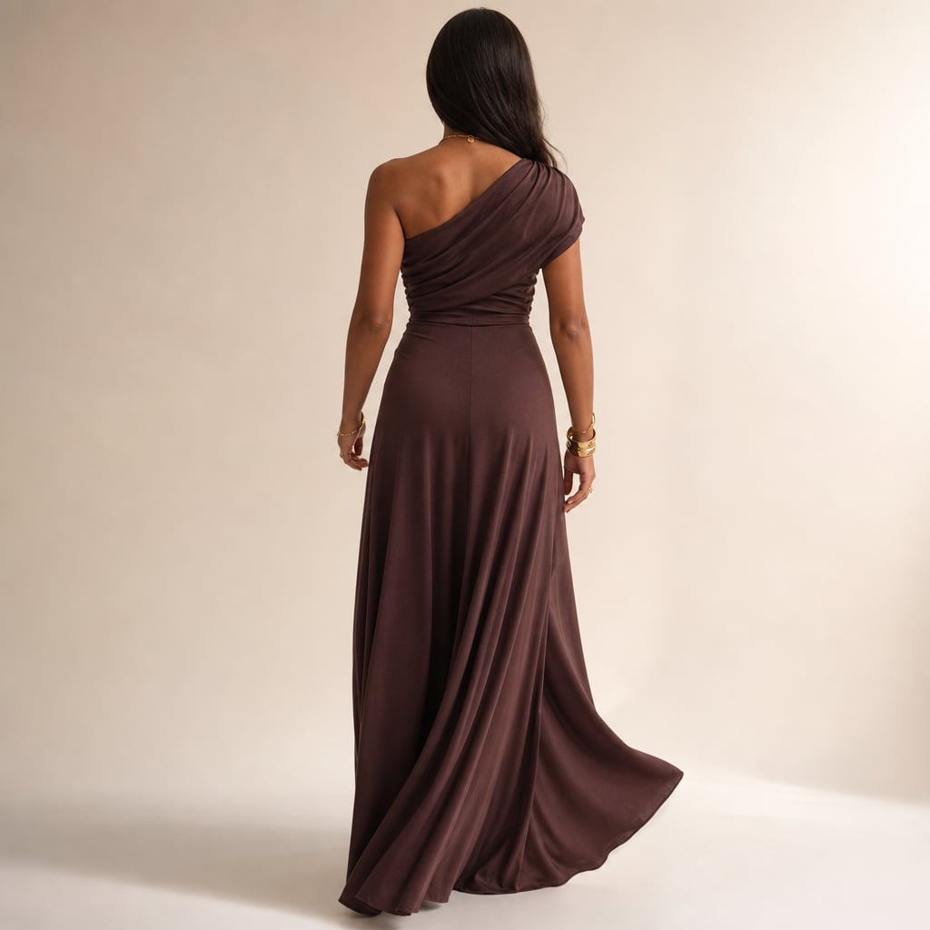 Pleated one-Shoulder summer Maxi dress for women Brown – Full Look