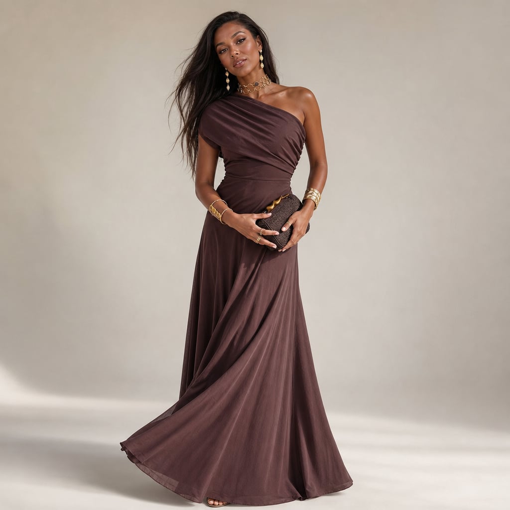Pleated one-Shoulder summer Maxi dress for women Brown – Product Photo