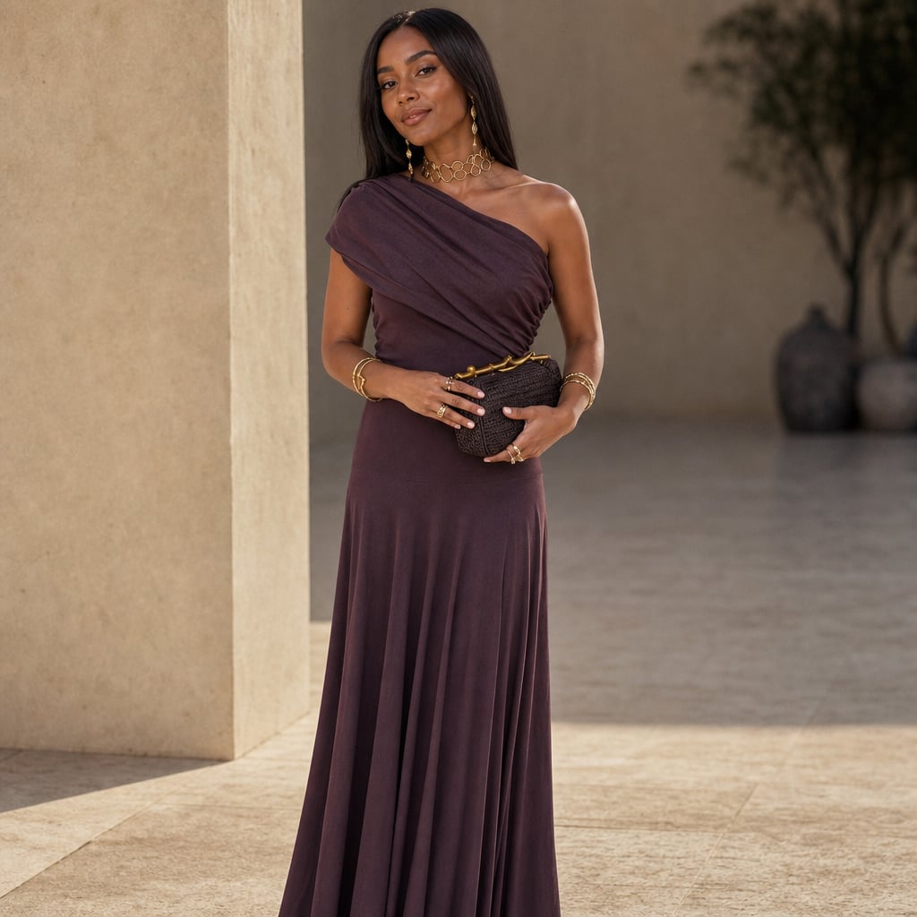 Pleated one-Shoulder summer Maxi dress for women Brown – Styled Editorial Shot