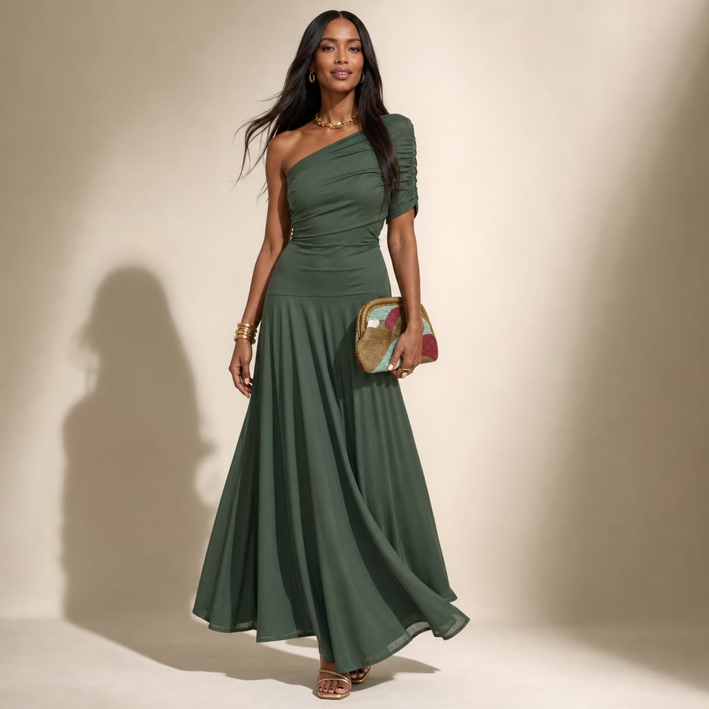 Pleated one-Shoulder summer Maxi dress for women Green – Product Photo