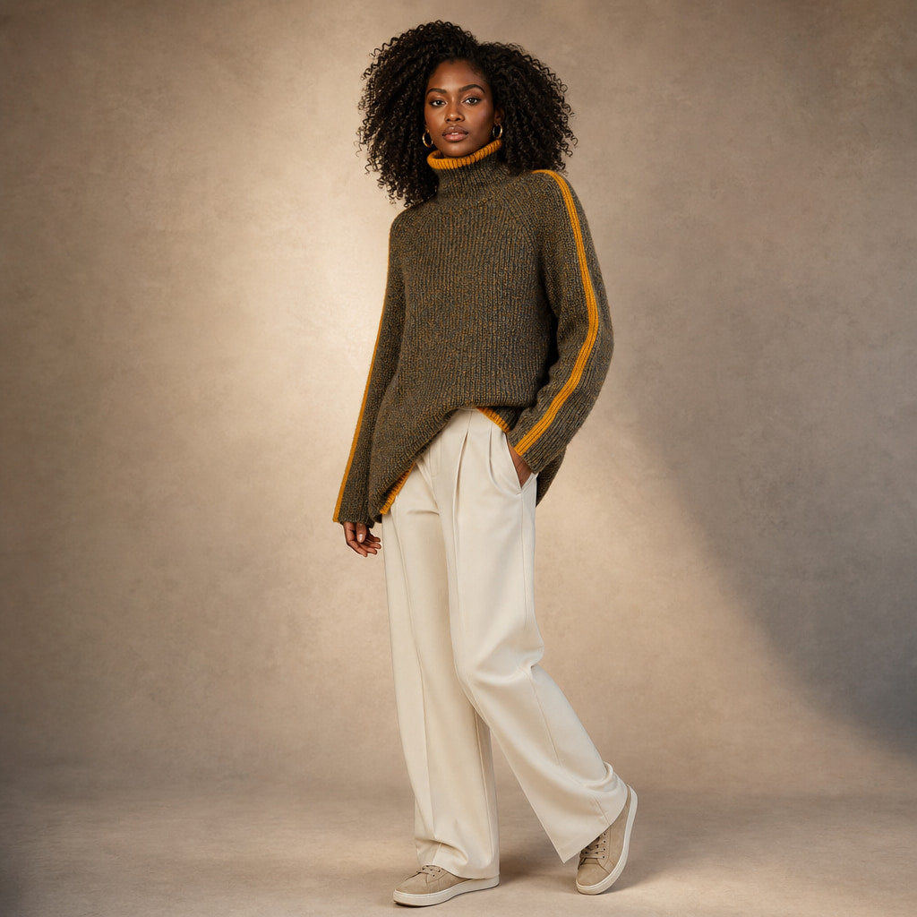 Romy-Pearl Turtleneck Sweater Brown – Side Angle View