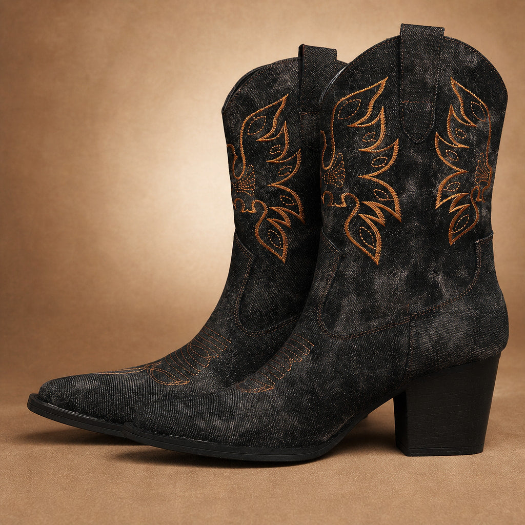 Charming And Floral Embroidered Cowboy Boots Black – Fabric and Detail Close-Up
