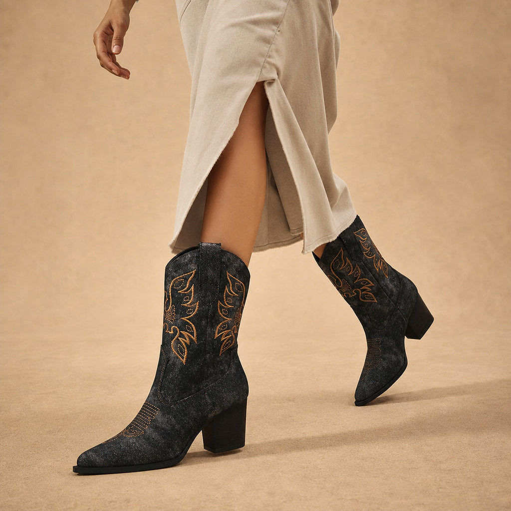 Charming And Floral Embroidered Cowboy Boots Black – Product Photo