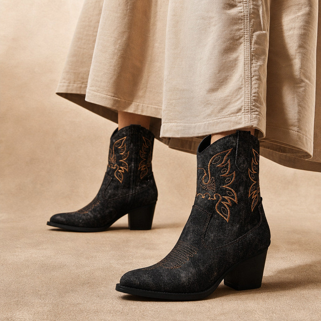Charming And Floral Embroidered Cowboy Boots in Black – Mampierimoda Premium Womenswear