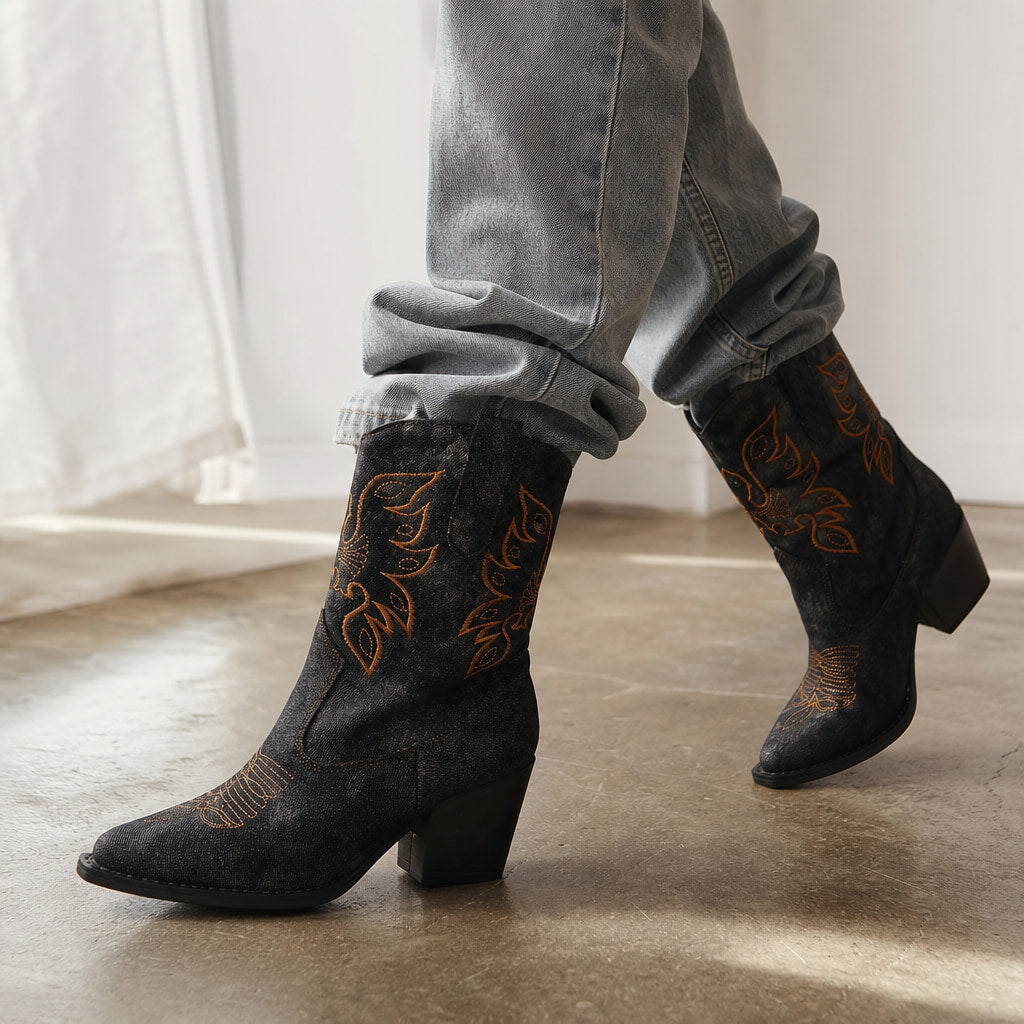 Charming And Floral Embroidered Cowboy Boots Black – Styled Editorial Shot, Detail