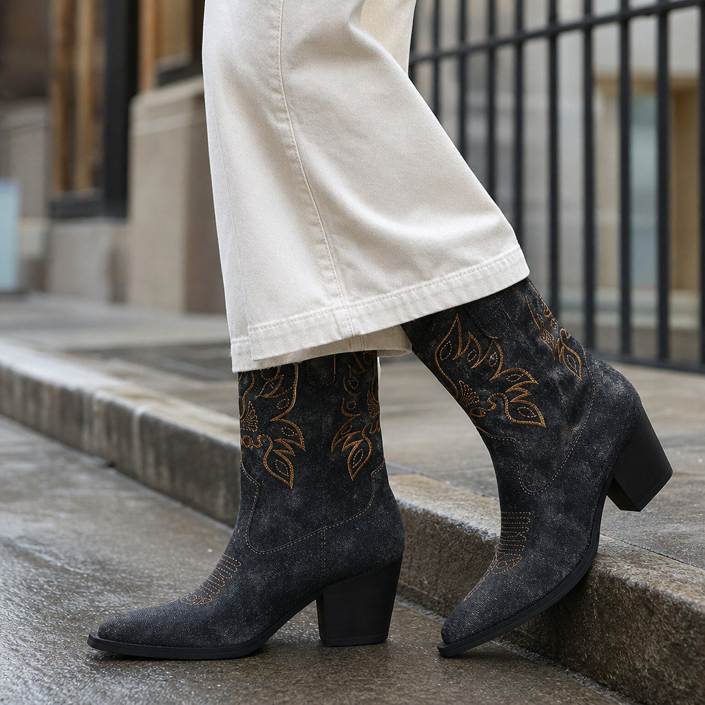 Charming And Floral Embroidered Cowboy Boots Black – Styled Editorial Shot