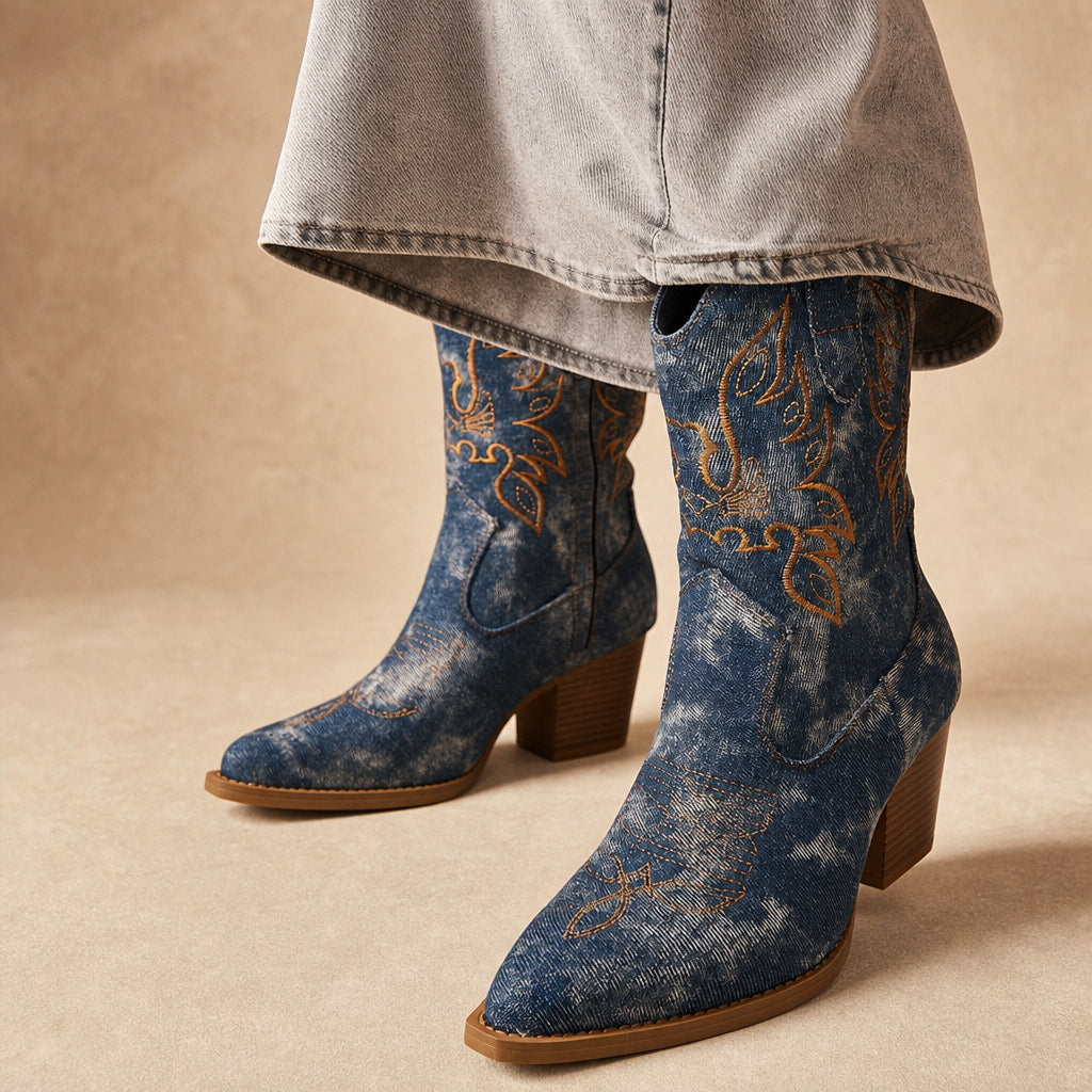Charming And Floral Embroidered Cowboy Boots Blue – Product Photo