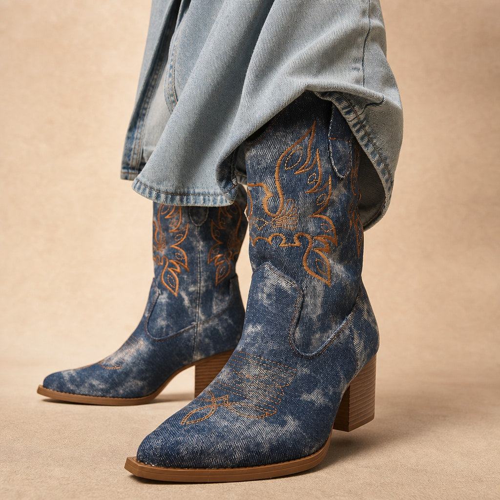 Charming And Floral Embroidered Cowboy Boots in Blue – Mampierimoda Premium Womenswear