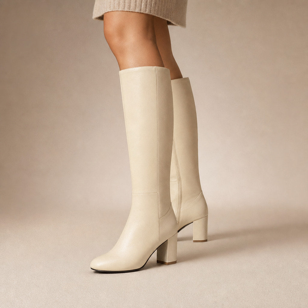 Rosemary - Women's Knee-High Leather Block Heel Boots Beige – Product Photo