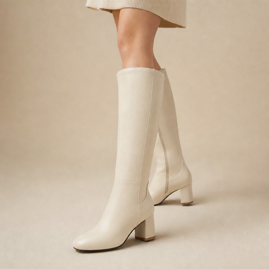 Rosemary - Women's Knee-High Leather Block Heel Boots in Beige – Mampierimoda Premium Womenswear