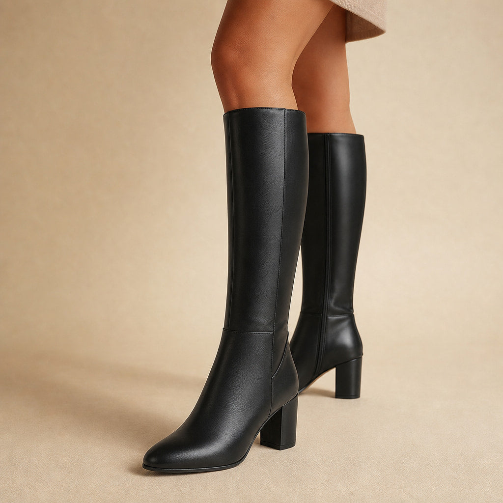 Rosemary - Women's Knee-High Leather Block Heel Boots Black – Product Photo