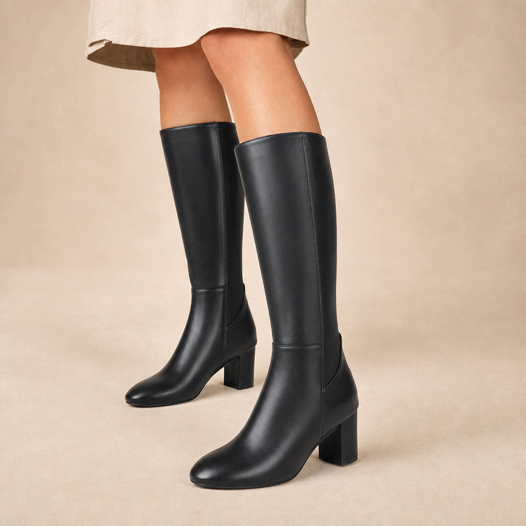 Rosemary - Women's Knee-High Leather Block Heel Boots in Black – Mampierimoda Premium Womenswear
