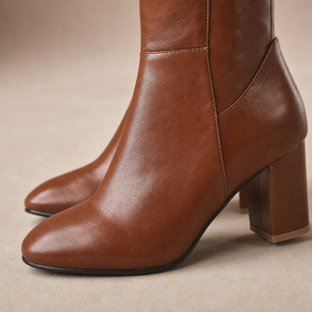 Rosemary - Women's Knee-High Leather Block Heel Boots Brown – Fabric and Detail Close-Up