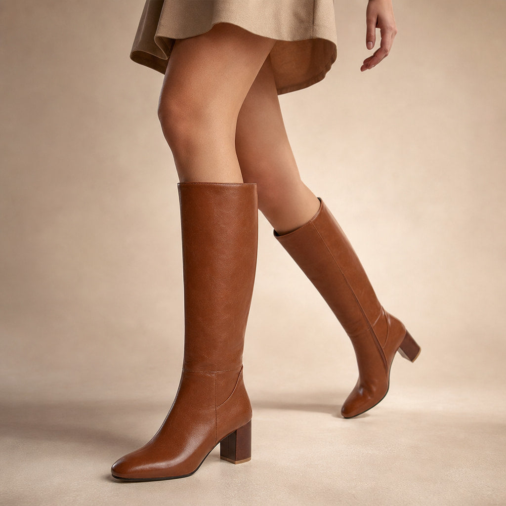 Rosemary - Women's Knee-High Leather Block Heel Boots Brown – Product Photo