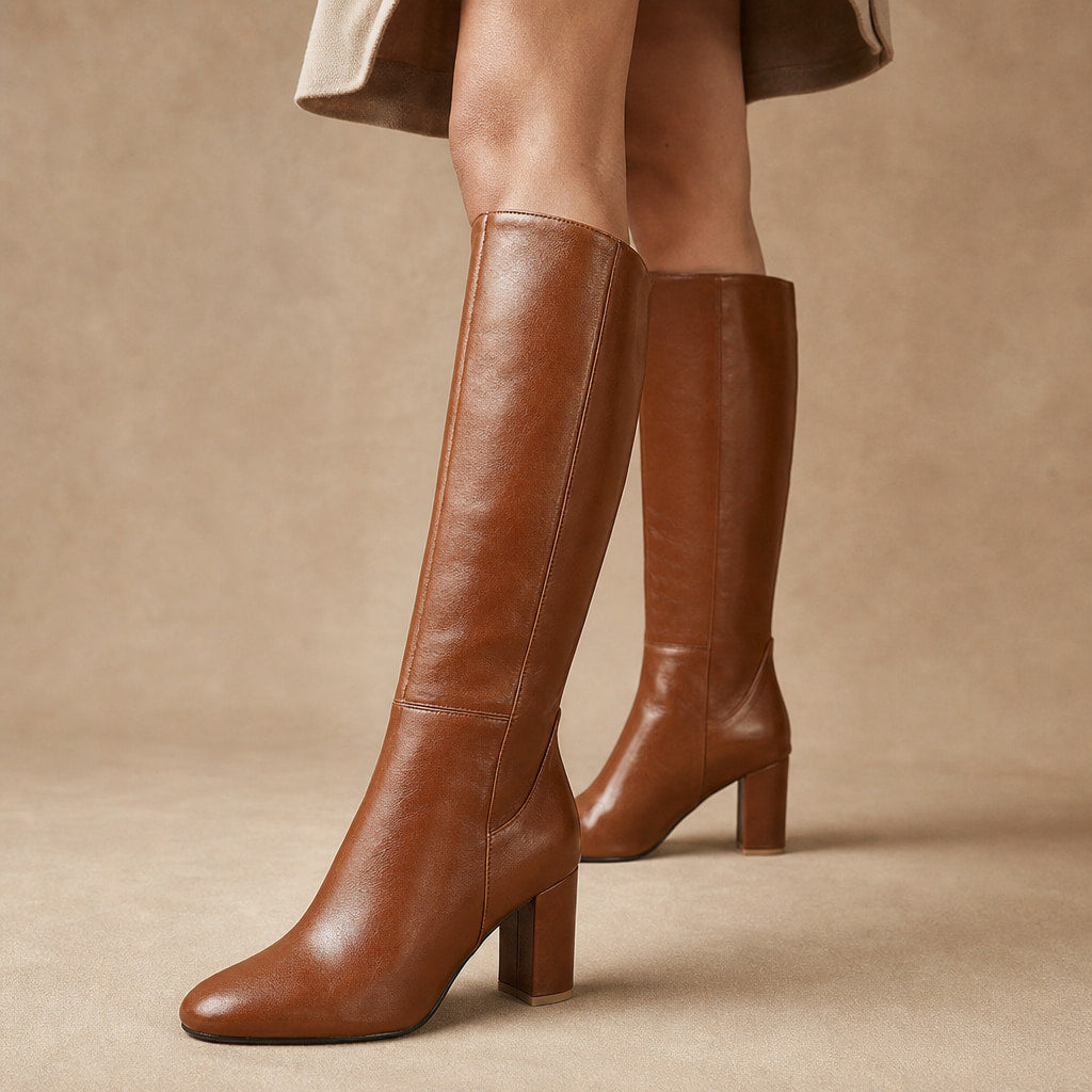Rosemary - Women's Knee-High Leather Block Heel Boots in Brown – Mampierimoda Premium Womenswear