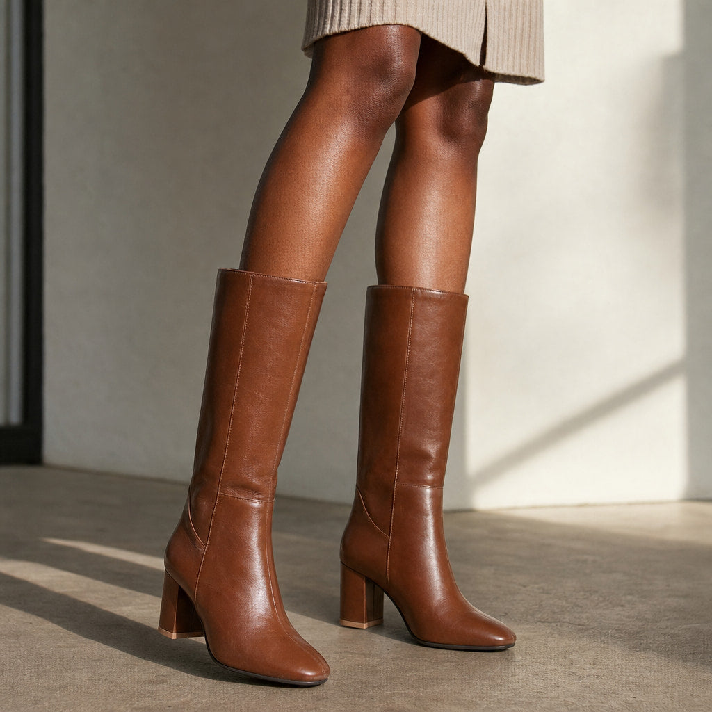 Rosemary - Women's Knee-High Leather Block Heel Boots Brown – Styled Editorial Shot, Detail
